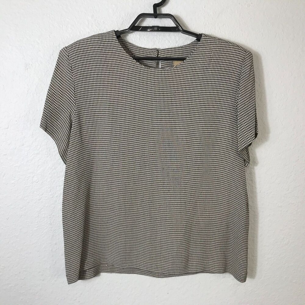 New Frontier Top Womens Large‎ Multicolor Short Sleeve Plaid Rayon Blend Vintage